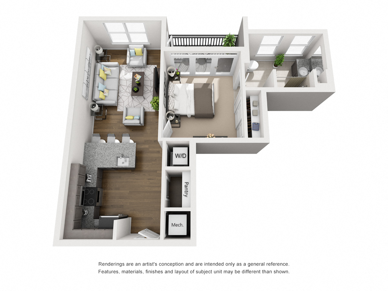 Floor plan for 1 bed, 1 bath, 646 sqft